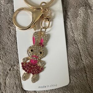 Mint Gold and Pink Bunny Key Holder purse bag charm nwt rhinestone gold tone